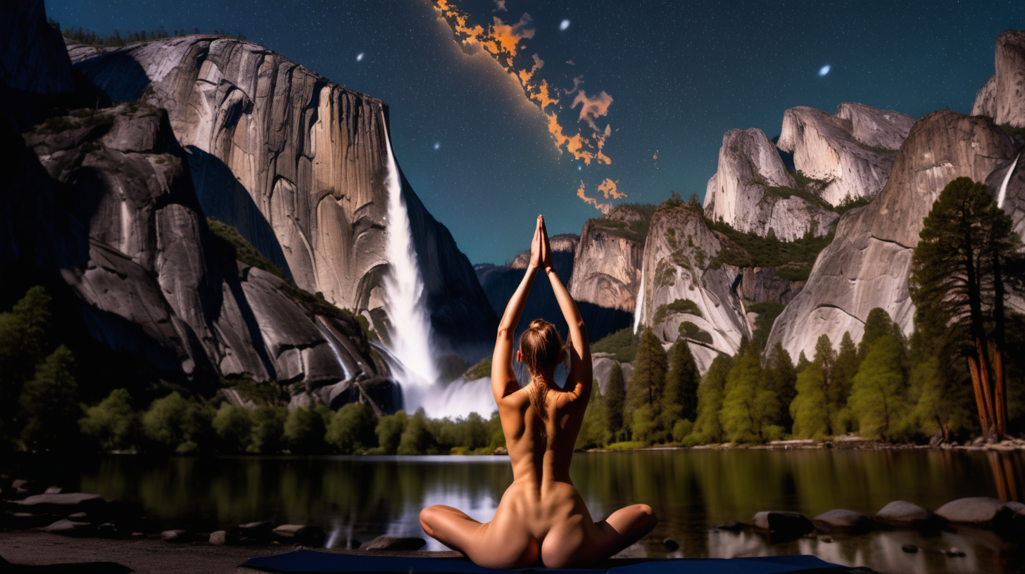 nude woman practicing yoga at night in front of Yosemite Falls surrounded by fireflies