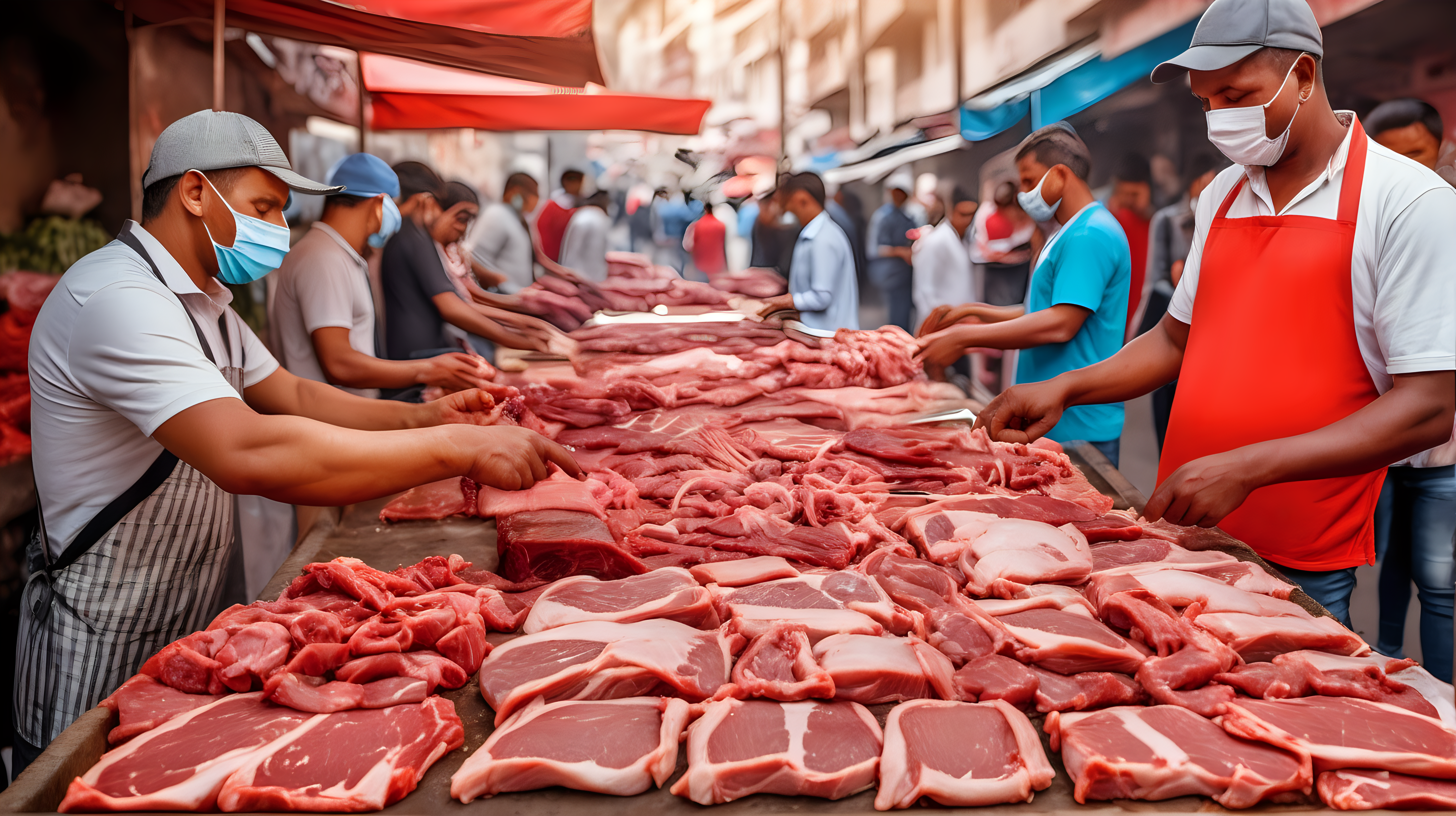 people choose fresh meat from street vendor