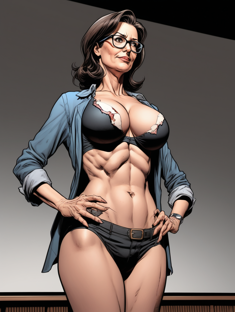 Beautiful, mature, brunette woman, teacher, glasses,  ripped open bra, innocent [Detailed comic book art style] on university stage, side angle, lecture 