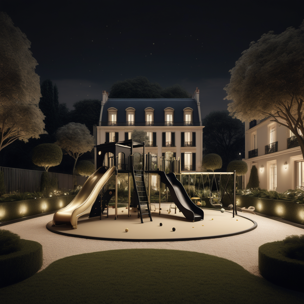 a hyperrealistic of an Modern Parisian estate home playground at night with mood lighting, surrounded by manicured gardens , in a beige oak brass and black colour palette 
