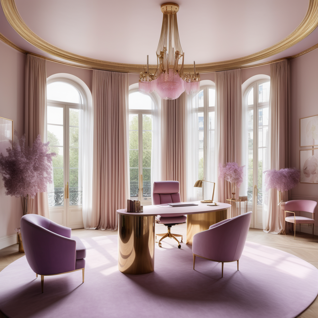 hyperrealistic image of large modern Parisian home office, floor to ceiling windows, curves, beige, pink, lilac and brass colour palette, brass chandelier, sheer curtains