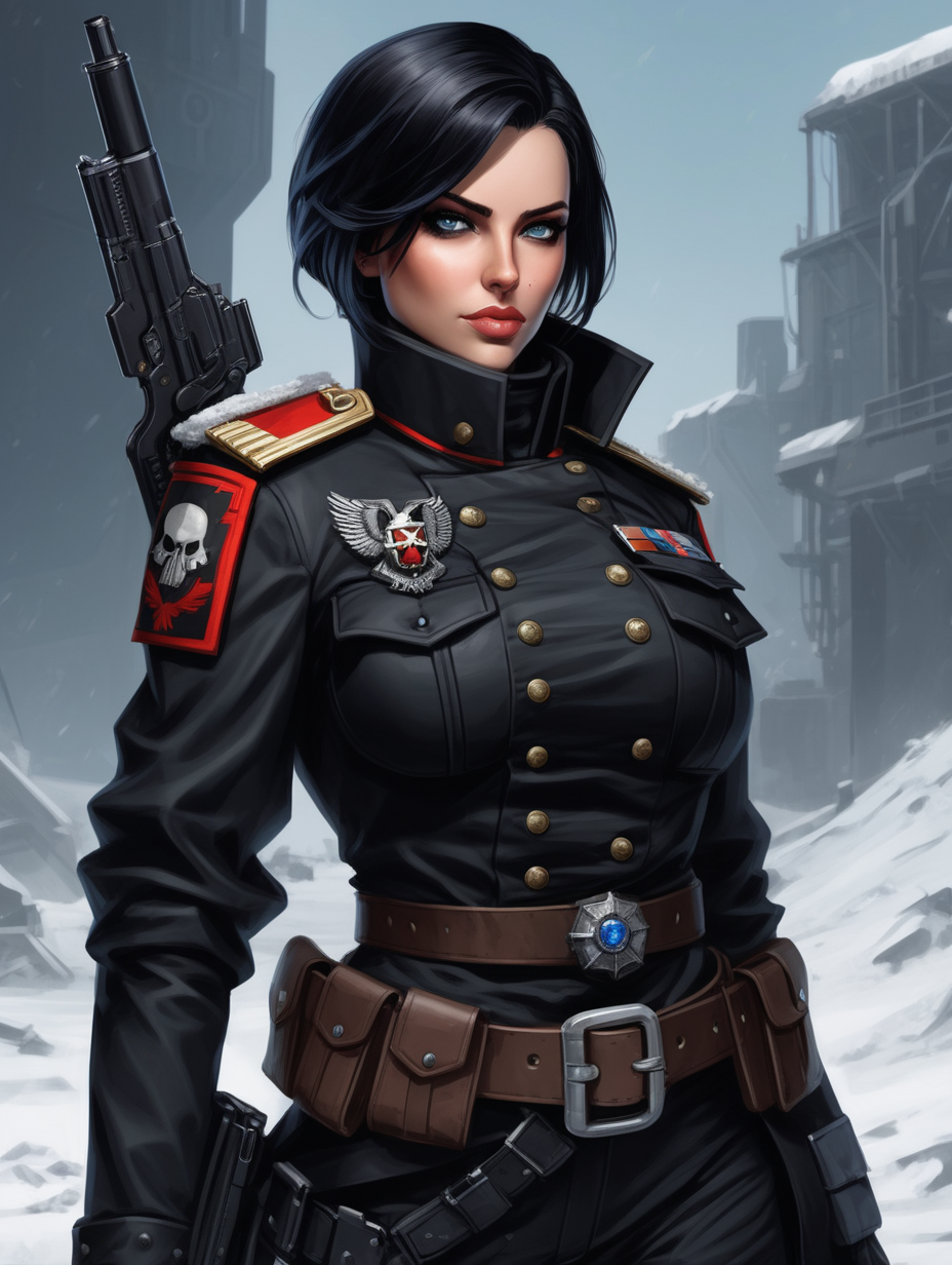 Warhammer 40K young busty Commissar woman. She has an hourglass shape. Her face looks like female Commander Shepard from Mass Effect. She has raven black hair. She has a very short hair style similar to what Zofia, from Rainbow Six Siege, has. Dark black uniform. Belt has a lot of pouches, grenades, black pistol magazines, and a black holster attached. Bandolier around waist. Her dark black uniform jacket fits perfectly, fully closed and a single line of buttons. She has a lot of eye shadow. Background scene is snowy trench line. She has icy blue eyes.