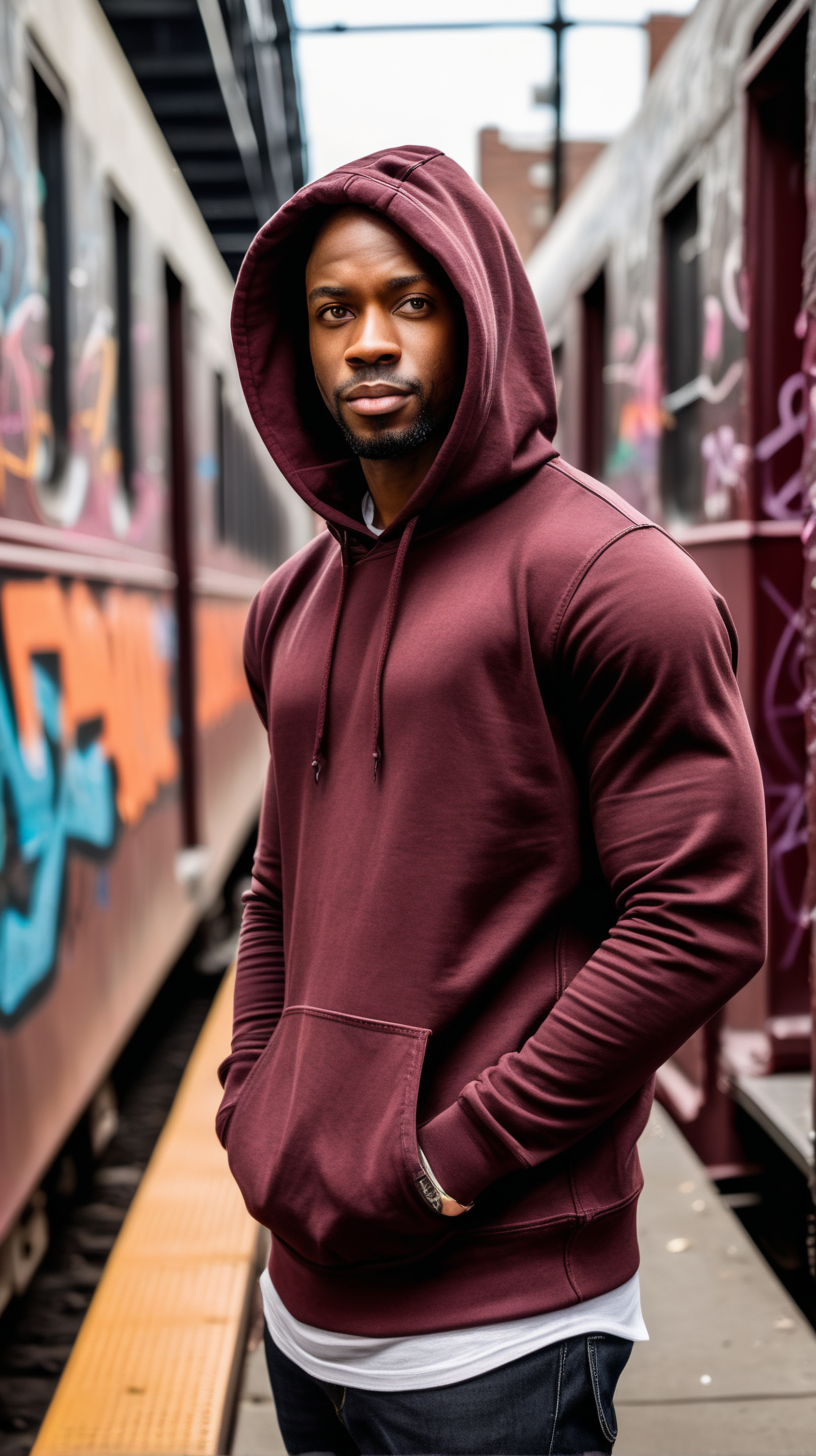 Attractive Black man, thirties, slim build, auburn, low haircut, wearing a Maroon, hooded sweatshirt, wearing dark brown denim, standing in front of a grafitti covered train, in Brooklyn NY