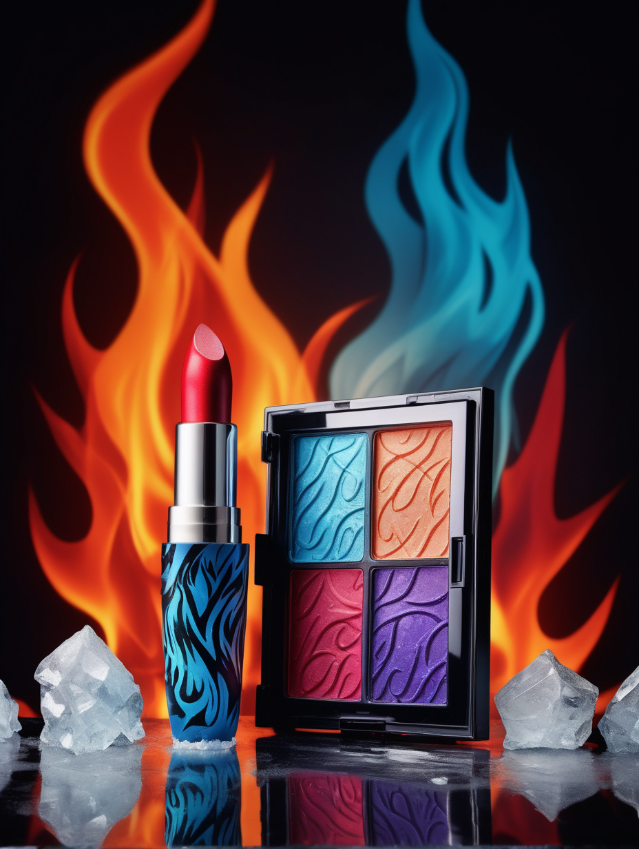 Bold contrasts of a makeup bundle set against a background featuring flames on one side and icy patterns on the other, symbolizing passion and cool elegance.