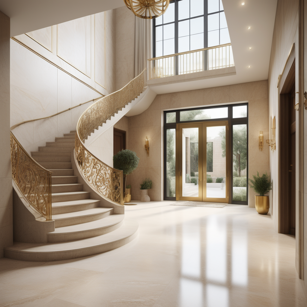 a hyperrealistic image of a Modern Jerusalem-inspired, two-storey home entrance foyer; staircase with brass balustrade; beige, oak, brass interior; big windows; limestone flooring
