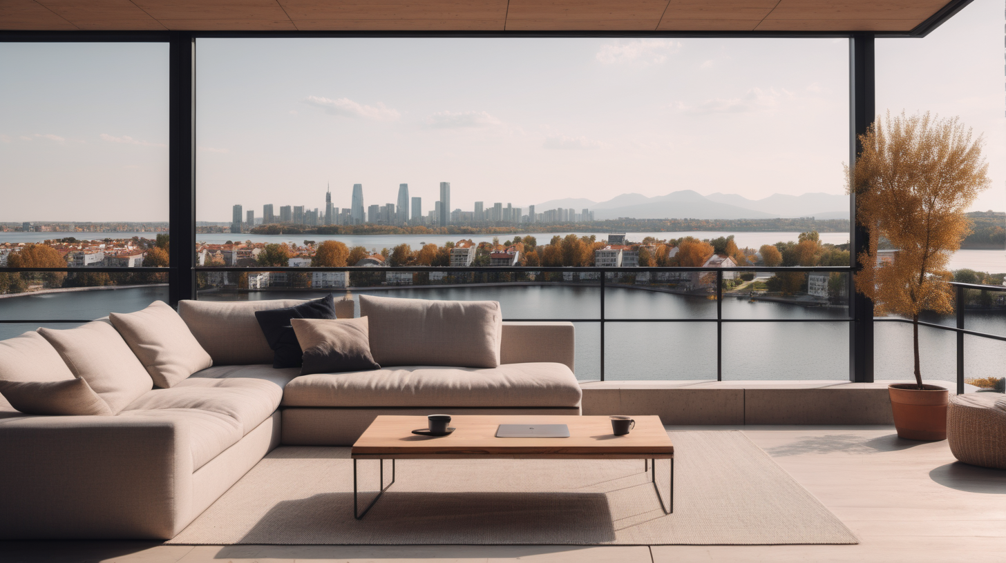 Craft an minimalist image showcasing a cosy living room with sofa and a laptop on the table,  rooftop view with city and lake