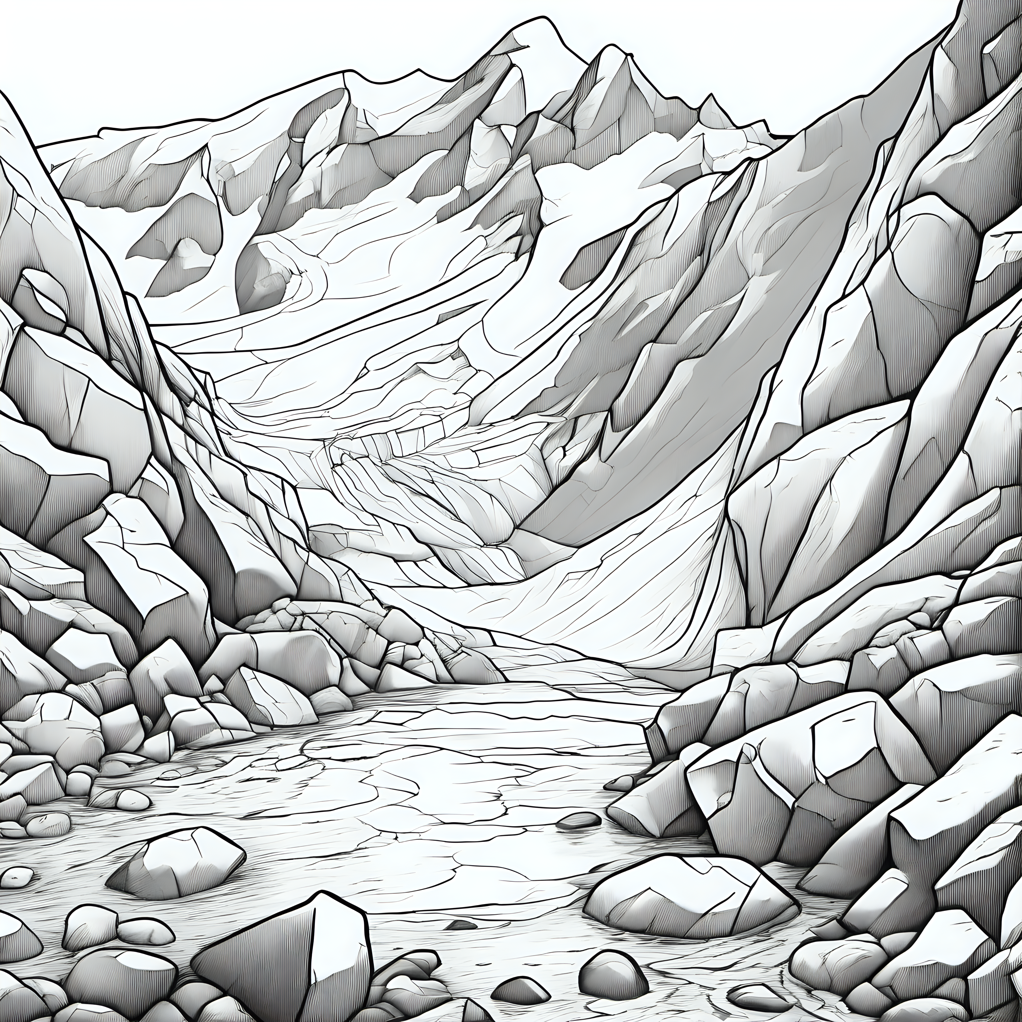 low detail coloring page of a glacier moving rocks causing erosion 