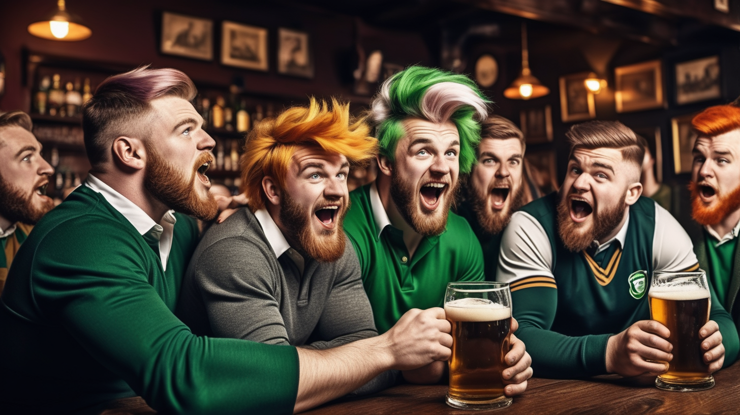 classic irish pub scene with rowdy people with different color hair and clothing 
drinking beer watching rugby match



