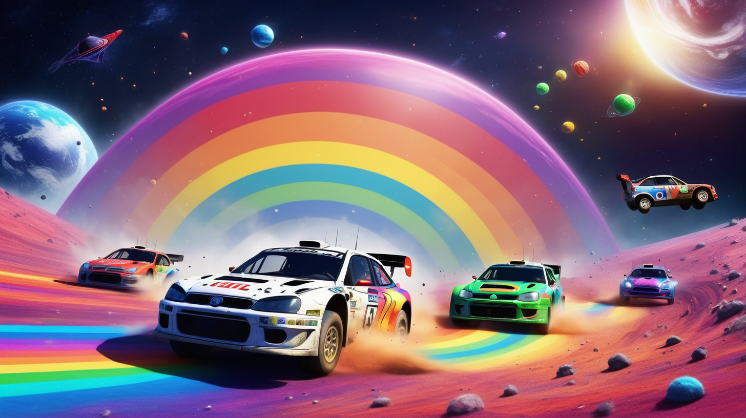 rally cars racing on rainbow road in space