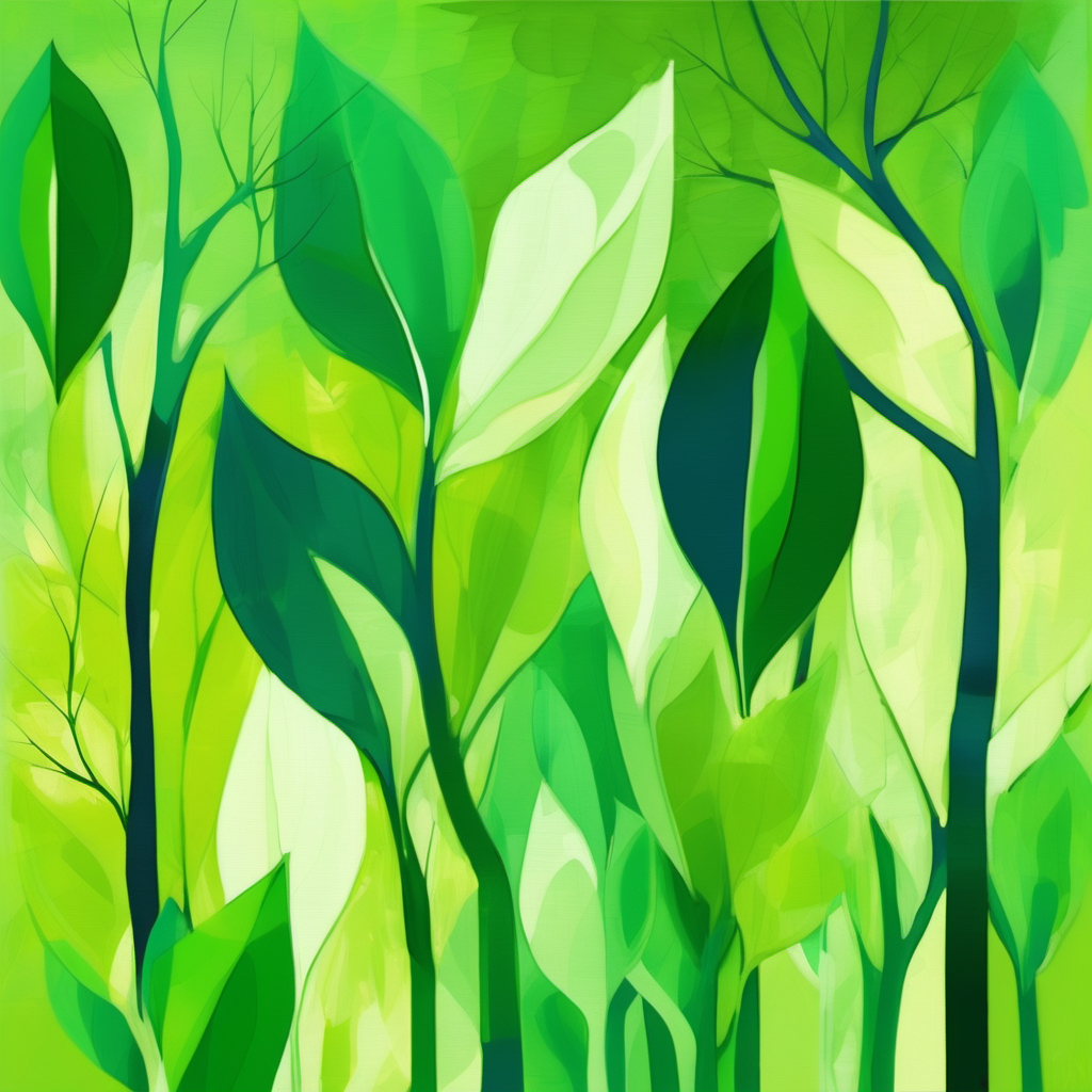 painted leaves, trees, abstraction, green shades