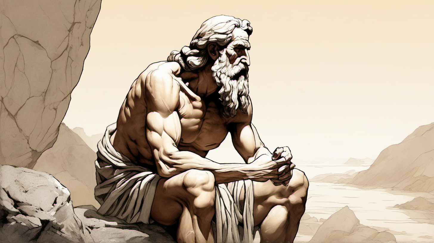 Ancient Greek Old man with muscles long black