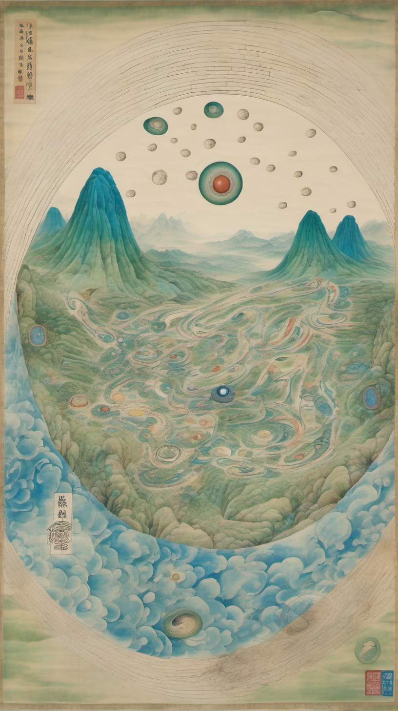 Chinese gongbi drawing with otherworldly scenery cosmos traversable