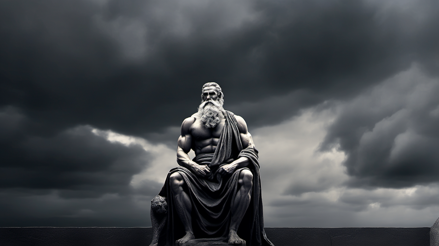Generate an image featuring a Greek elderly muscular man portrayed as a black statue. The background should be dark and cloudy, creating a mysterious and atmospheric ambiance. The man is sitting calmly, adorned with a long beard on his cheek, and draped in a single shoulder cloth. To enhance the scene, he holds a sword in his hand, embodying strength, wisdom, and tranquility amidst the dark, cloud-covered surroundings.