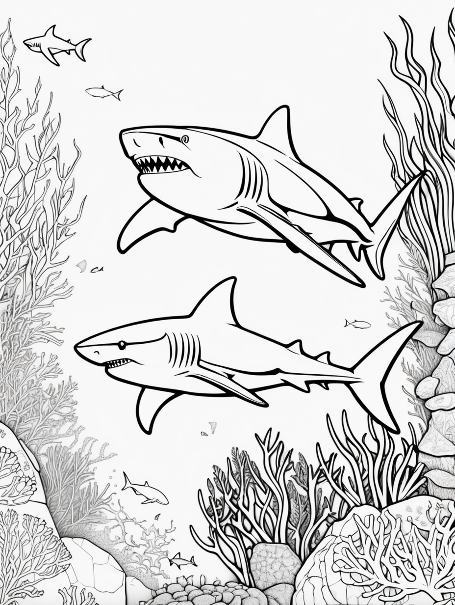 shark in a reef, coloring page, low details, no colors, no shadows