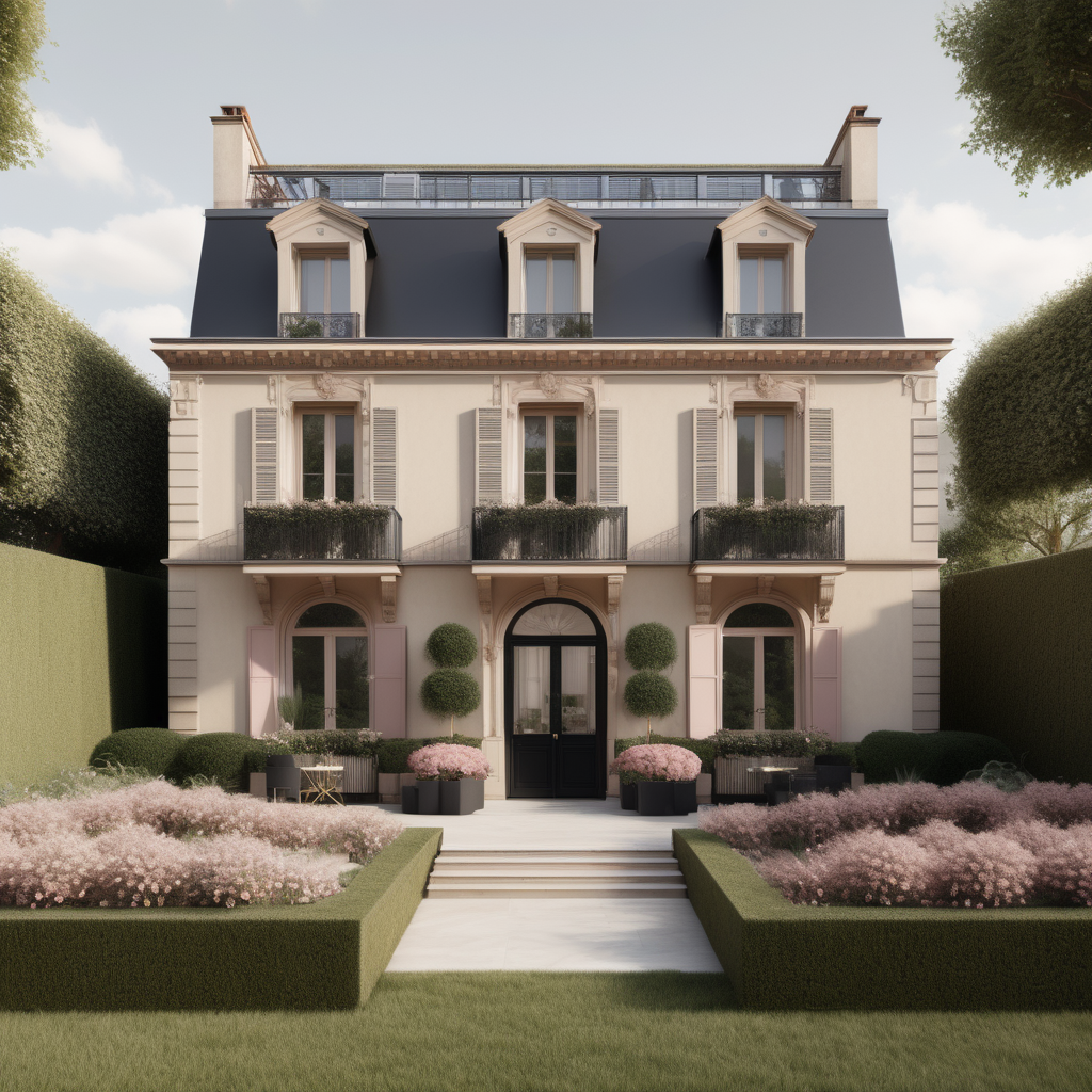 A hyperrealistic image of a modern Parisian  guest house viewed from the outside in a beige oak brass colour palette with accents of black and dusty rose, with an adjoined veranda covered in star jasmine, and beautiful garden beds and sprawling lawns around it
