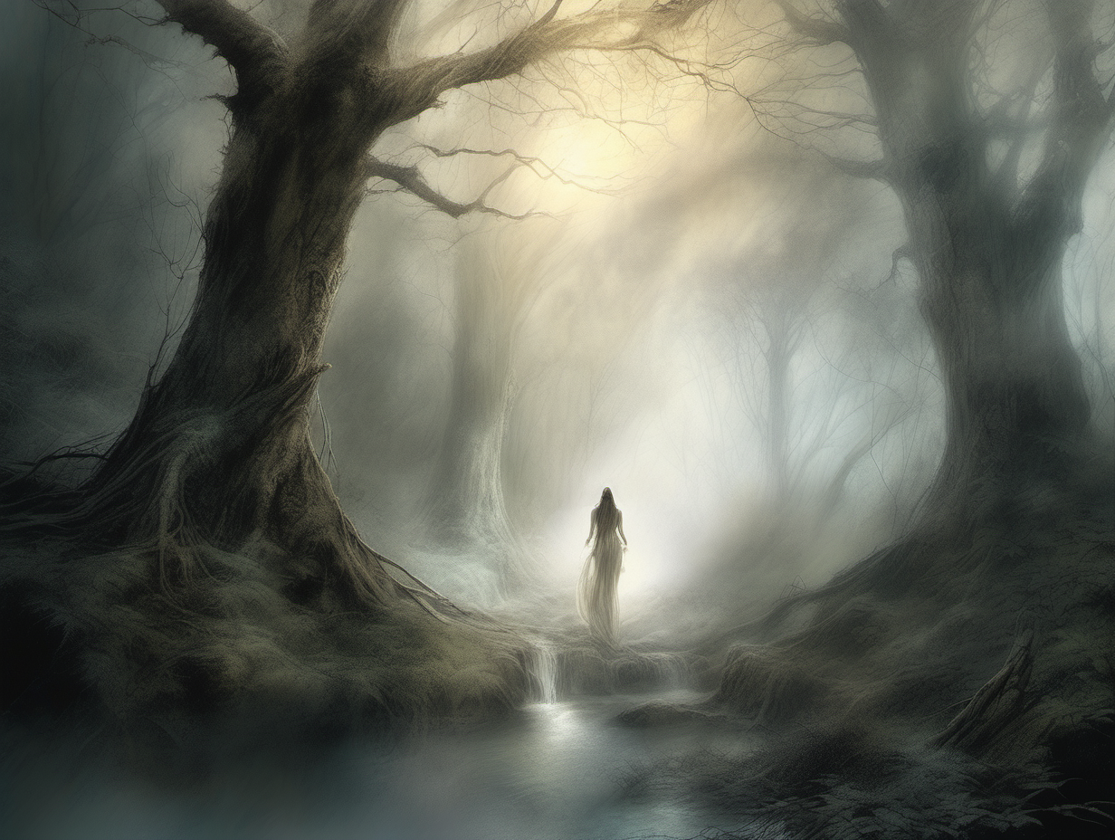 genera una ilustración de fantasía estilo Luis Royo, de un bosque mágico, luz etérea y mística