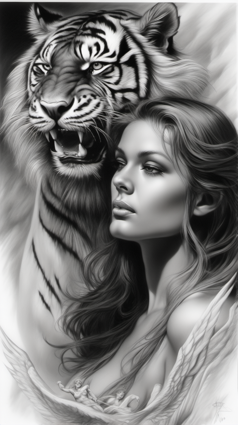 /imagine prompt : a hyper realistic black and gray Boris Vallejo drawing, feautered a beautiful angel ride a tiger create a sureal fantasy atmosphere
<background>white papaer
<style>pencil drawing
