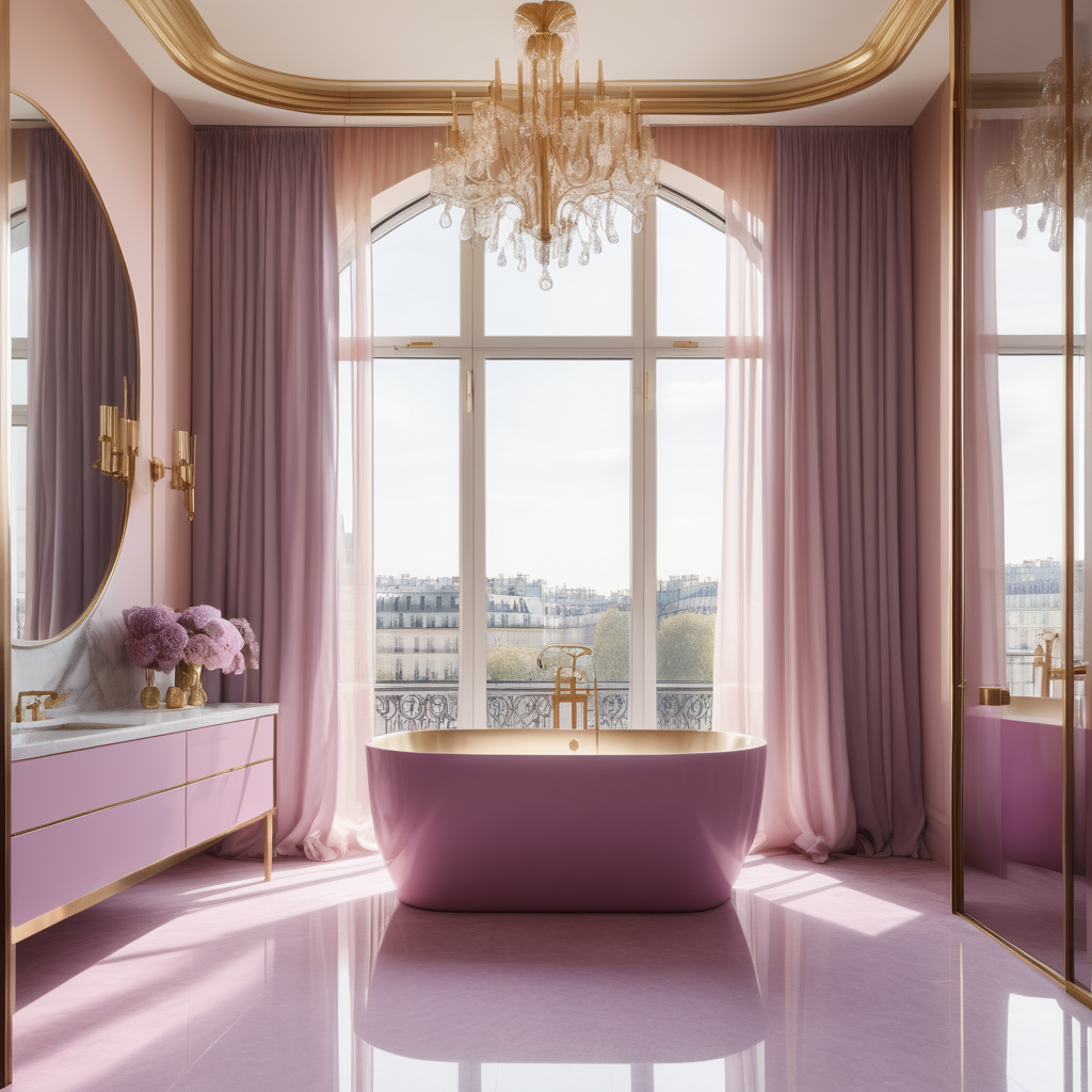 hyperrealistic image of large modern Parisian bathroom, floor to ceiling windows, curves, beige, pink, lilac and brass colour palette, brass chandelier, sheer curtains
