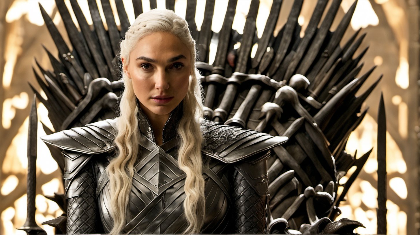 Gal Gadot, with platinum blonde hair, sat on the iron throne in Game of Thrones.