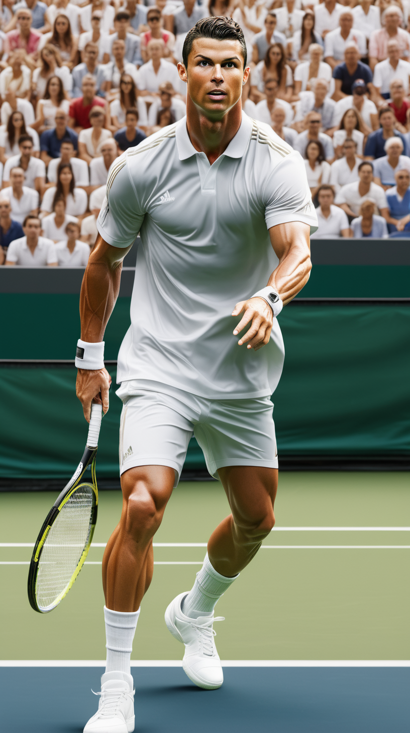 Full body, Cristiano Ronaldo is playing tennis, tennis court background, loads of fans watching, realistic, ar 2: 1 --v 5