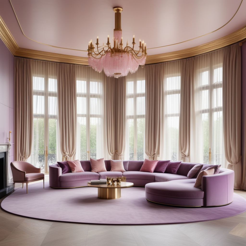 hyperrealistic image of large modern Parisian home theatre, floor to ceiling windows, beige, pink, lilac and brass colour palette, brass chandelier, sheer curtains