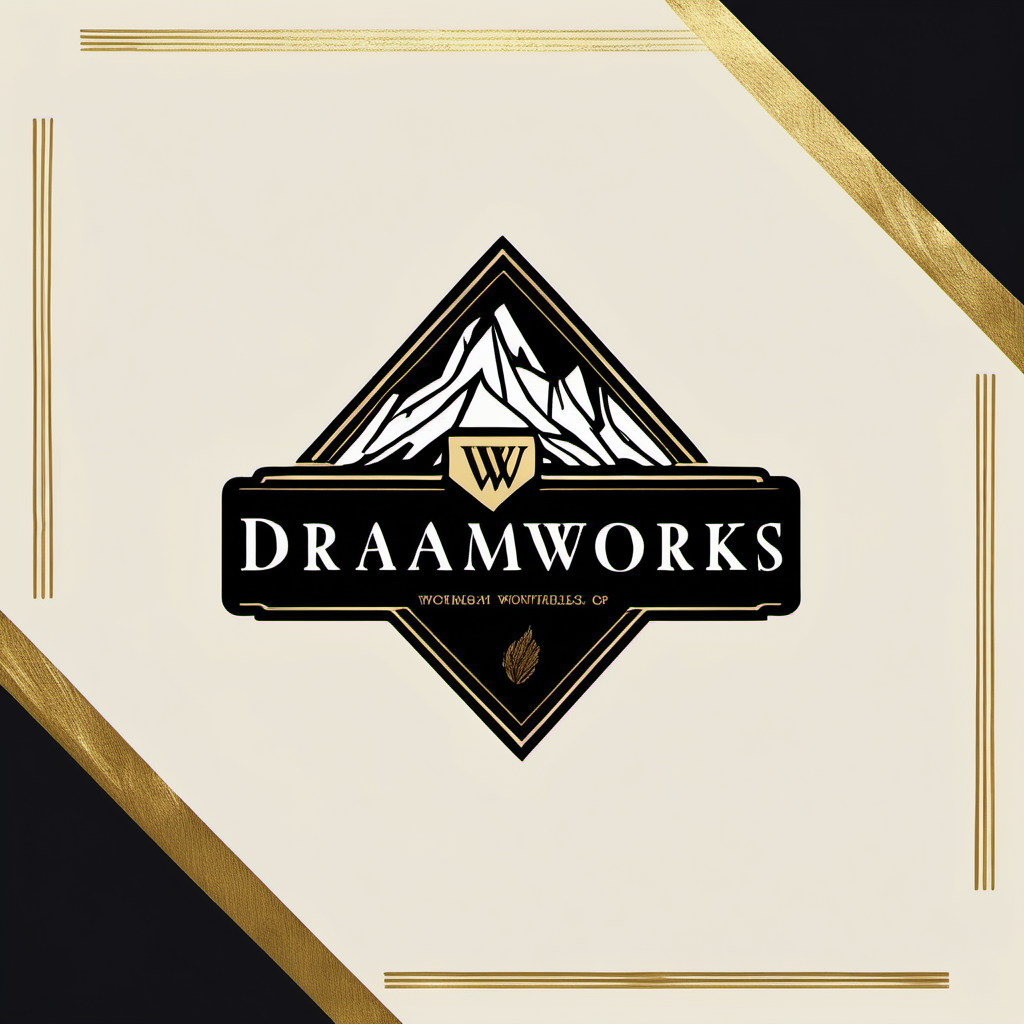 a minimal whisky logo with mountains stencilled and gold foil modern font that says "DramWorks" 