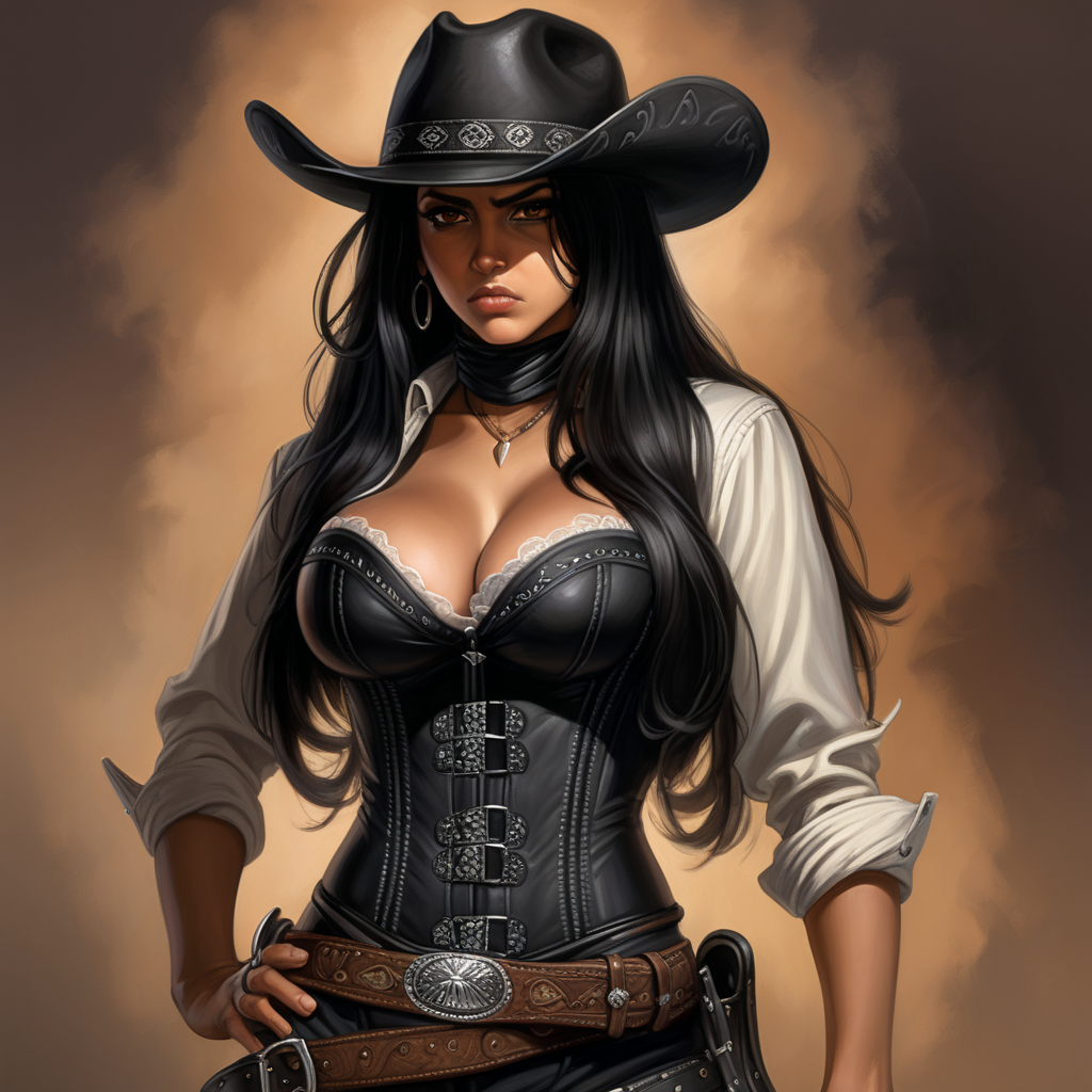 black cowboy hat, black hair, long hair, brown eyes, Latina, female, western, black corset, black bandolier, mature, black bandana around neck, semi realism, Evil, angry