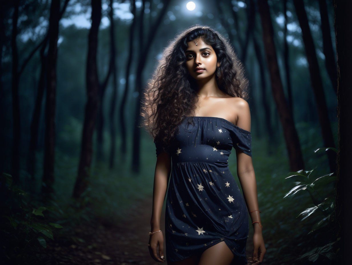 A beautiful slim Indian woman in her twenties with long curly hair , wearing a short off shoulder dress,  in a forest, dark night, delicate hands, detailed face, detailed skin, detailed hands, photorealistic, gravure, AV, pro photography, slide film, photo book, stars, full body shot, soft body, moon light, cinematic , 35mm