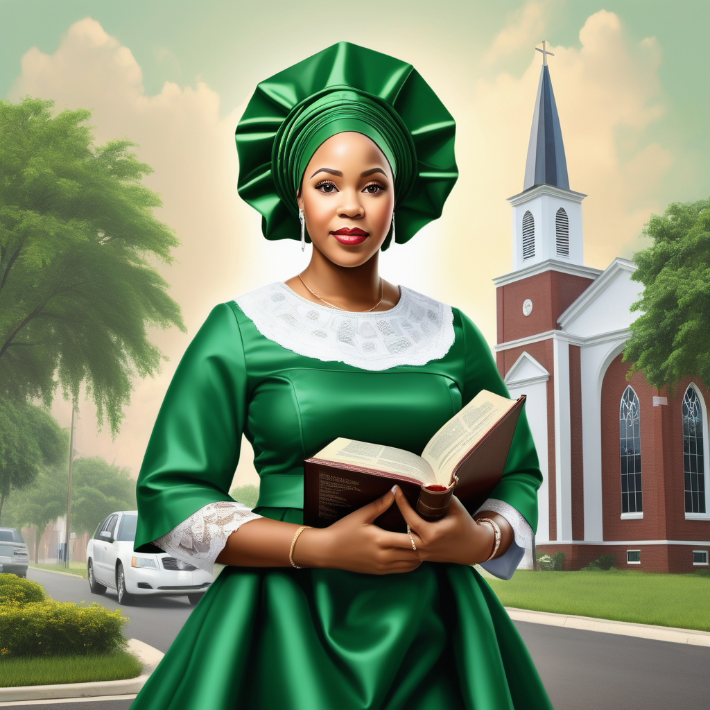a realistic image of a black American biracial  large female wearing gele on head  going to church holding Bible  wearing Nigerian dress in green