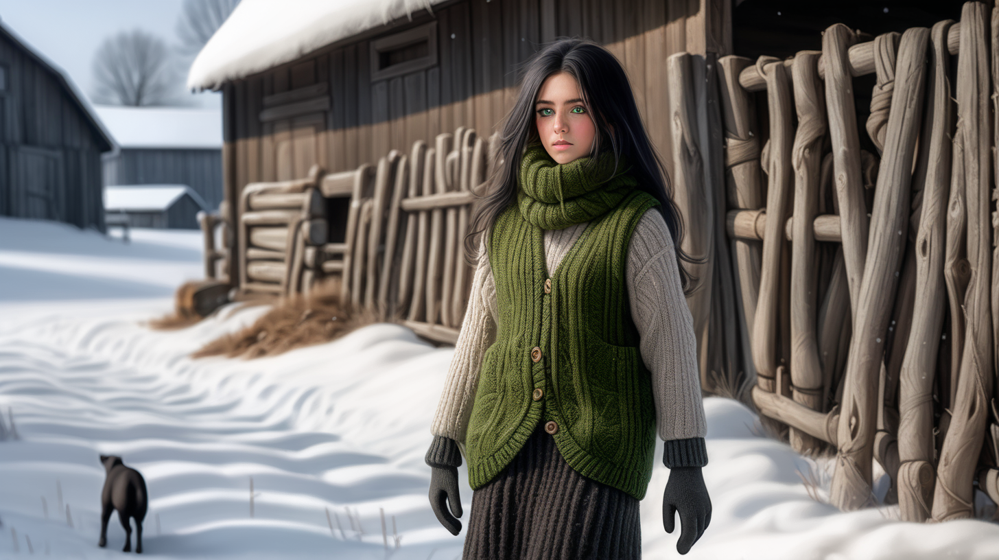 A beautiful peasant woman with long black hair and green eyes works in the pen in front of the barn. Around her are seeps- black and brown. Earth is  transformed  in deep mud mud. The barn is surrounded by a fence of old wooden posts and wire mesh. It's winter, everything is covered with a thick layer of snow. Mud and snow mix. The peasant woman wearing black short rubber rain boots. Brown coarsely knitted woolen socks stick out from them - up to the middle of the leg and. On top of them, to keep her warm, she has put on green - brown, very wrinkled and crumpled woolen knitted gaiters. It is worn with thick elastic leggings, over it there is a short knitted skirt in black and brown. A chunky brown-gray wool sweater with a chin-high collar is snug around her. over it she wore an off-white furry sleeveless sweater with a triangle neckline. Above all this is a open short  quilted waistcoat in green. On his head he wears a thick knitted woolen gray hat . He also has a thick scarf sloppily draped around his neck. He also wears gray knitted woolen gloves. across the waist, a thin hemp rope is wrapped 6-7 times and tied with knot.
