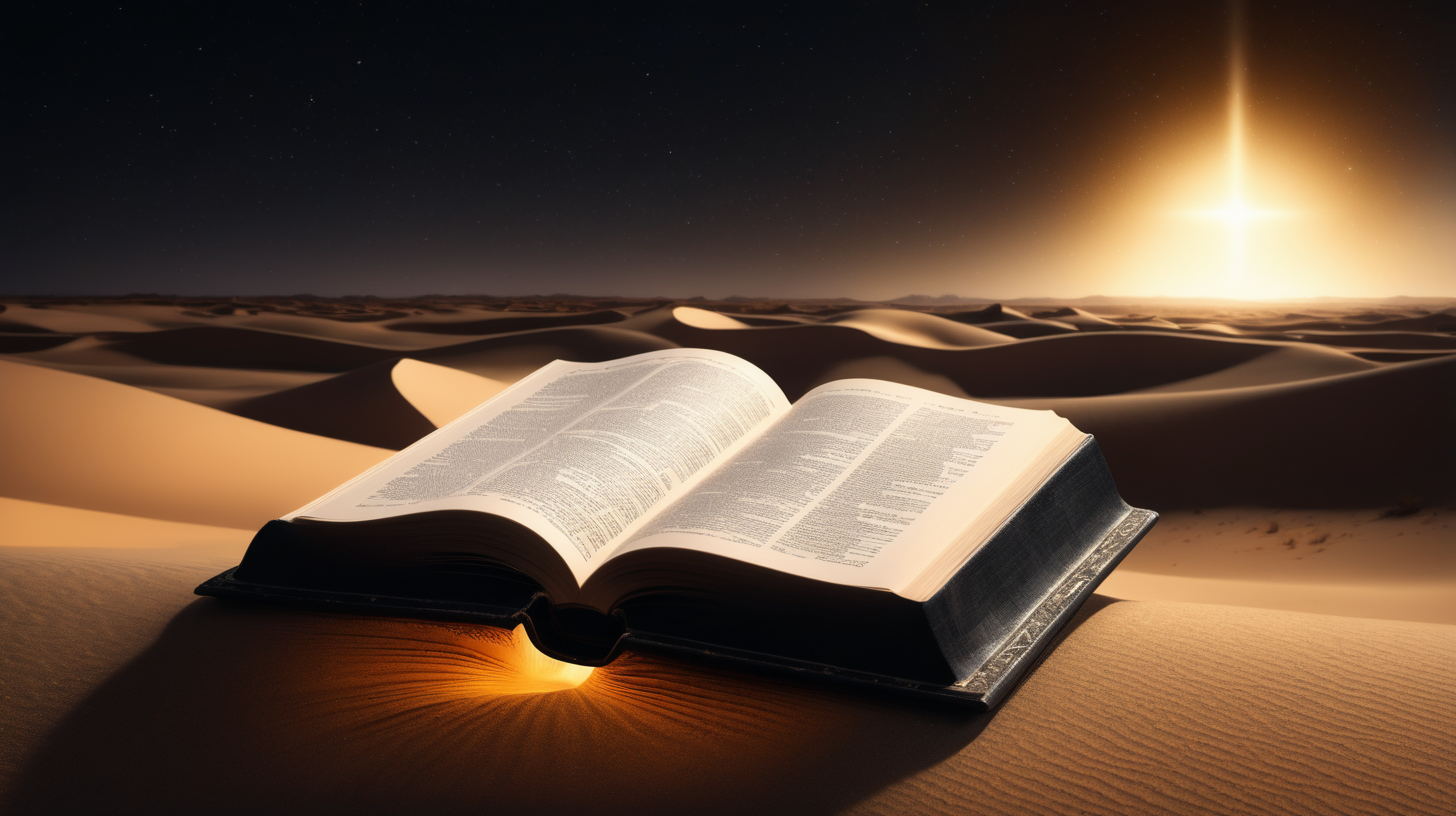 8k image of a closed black book floating in the desert, a glow around the book, the holy bible