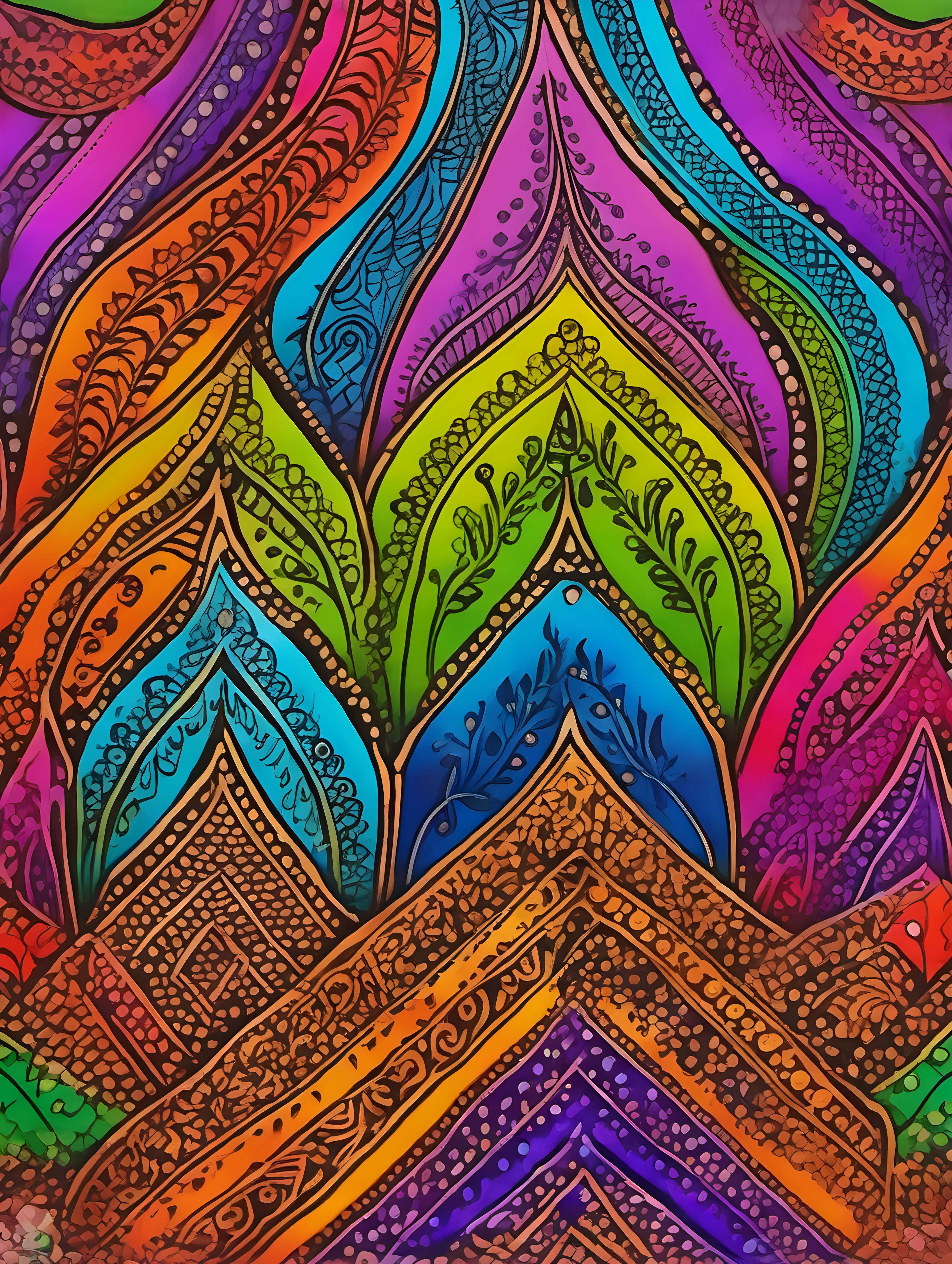 henna patterns , simple draw, vivid rainbow colors, 