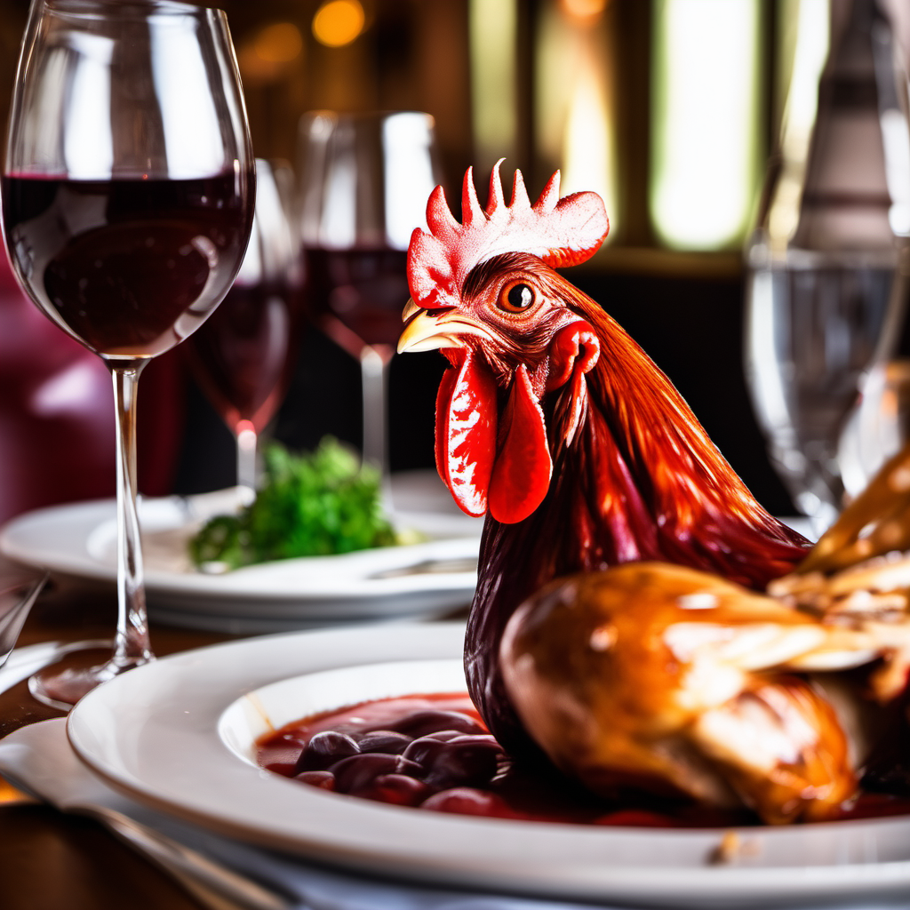 French restaurant with a red chicken and "Do you coq au vin?"