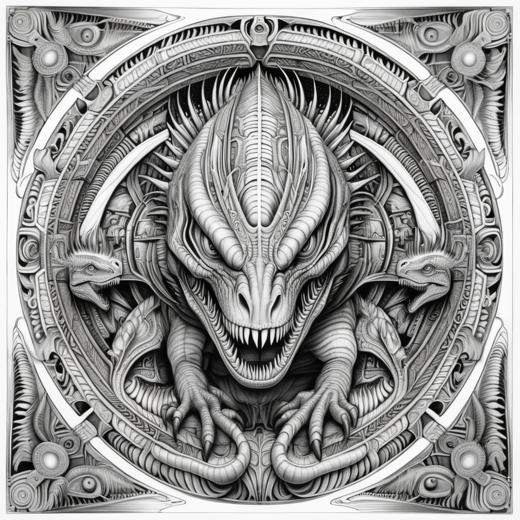 black & white, coloring page, high details, symmetrical mandala, strong lines, raptor dinosaur with many eyes in style of H.R Giger