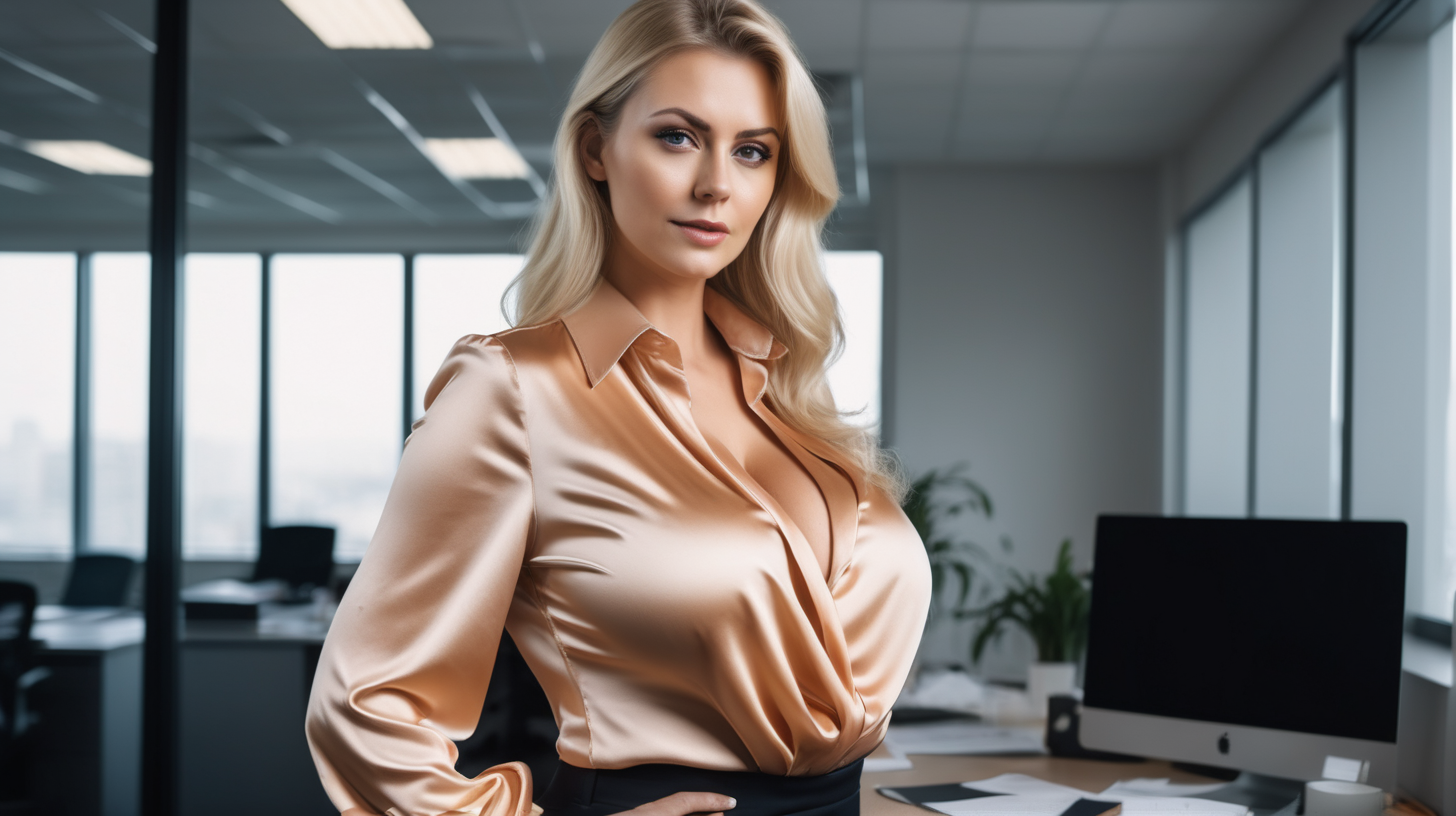 high quality photo showing blonde woman working in office wearing satin blouse big breasts, standing, showing her ass, cinematic