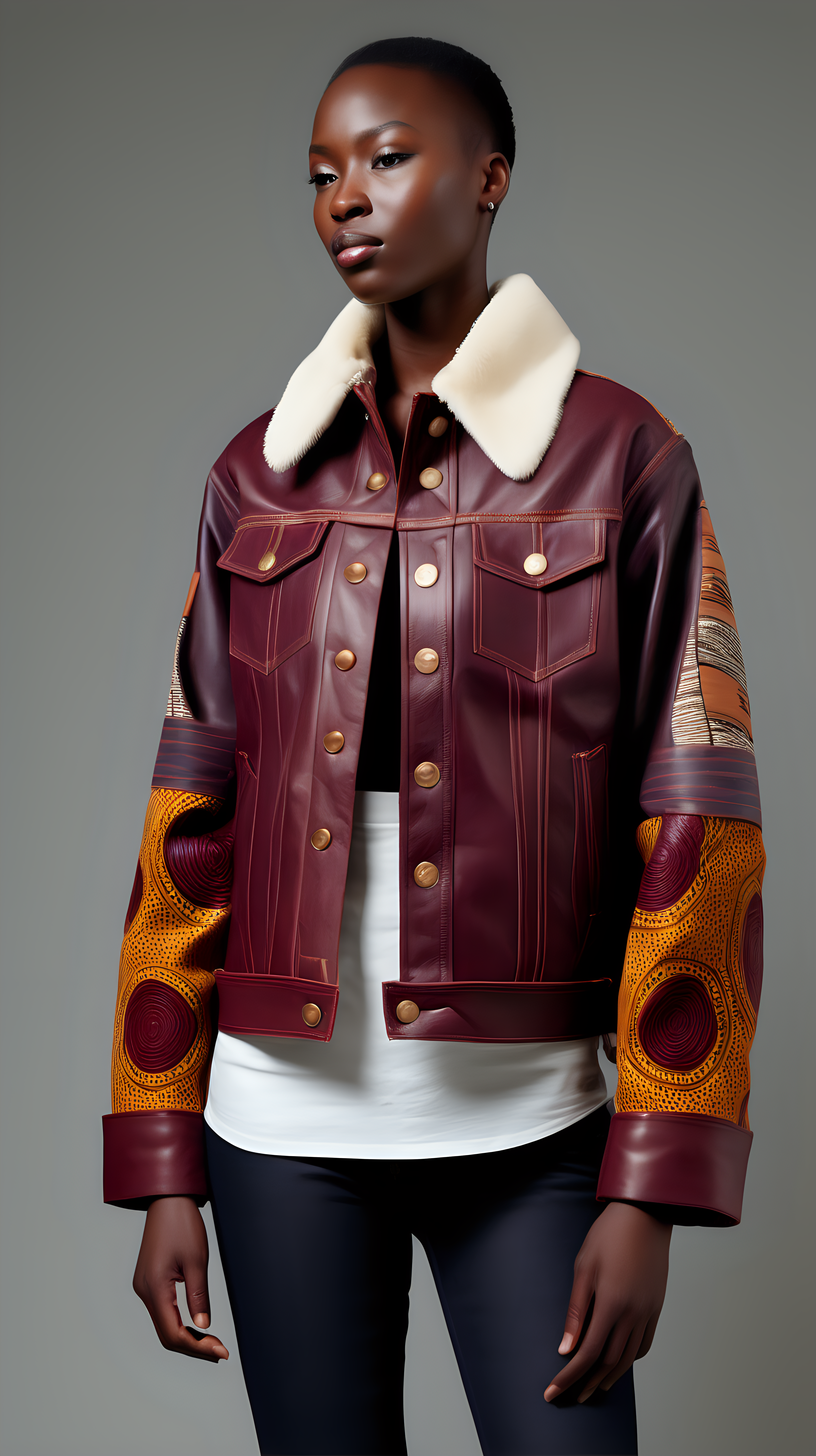 A  mock up of a Levi denim jacket, restyled into a three quarter jacket, made of  Maroon, lambskin leather, with african printed fabrick inserted in various places, show Front, Back, and Side views with stainless buttons, with a cream Mink collar