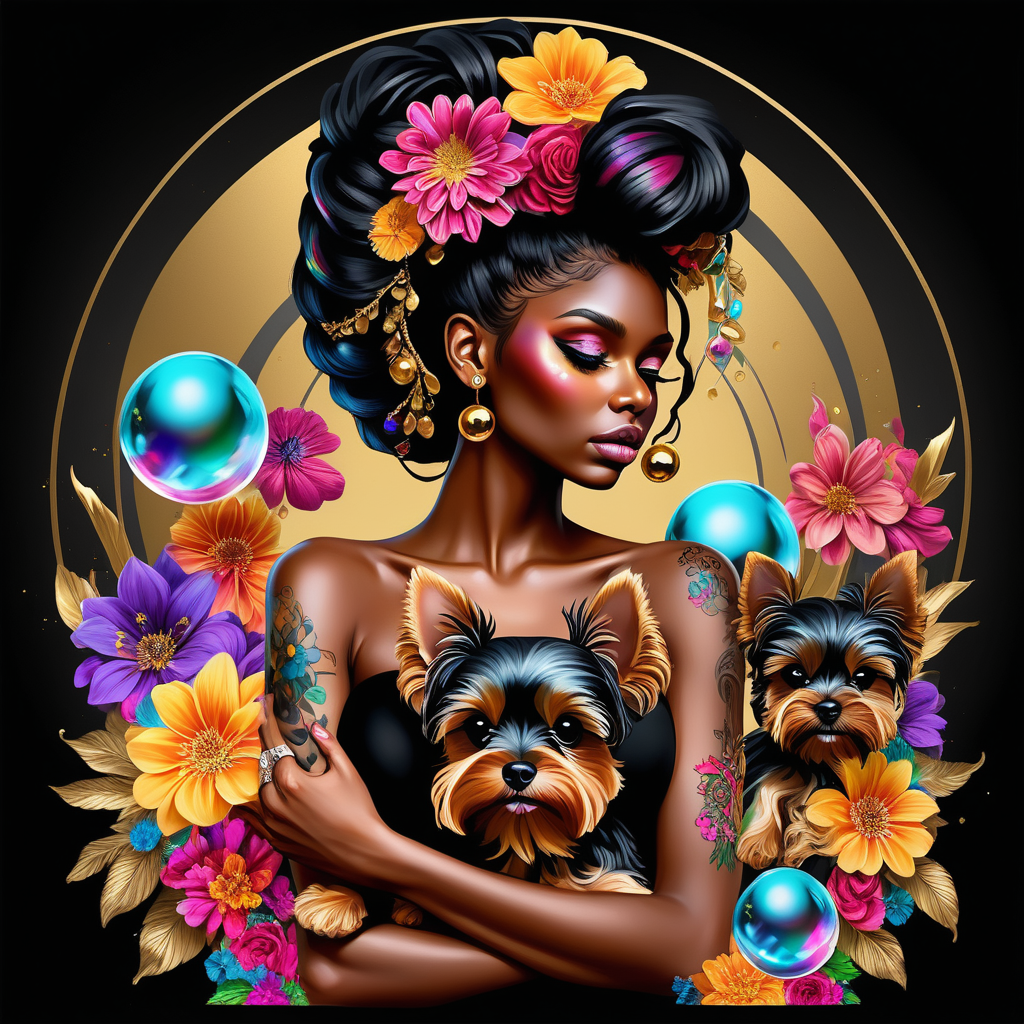 abstract exotic super black Model with soft colorful flowers, the colors of the flowers bleed into her hair.  add She is holding a toy top in gold she is looking at realistic yorkie and maltese 8 crystal balls in different sizes are floating in the air around them  add tattoos on her arms, shoulder and back