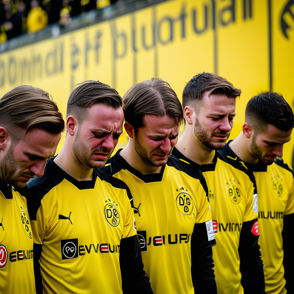 Dortmund Football players crying  in front of Der Gelbe Wand of Dortmund