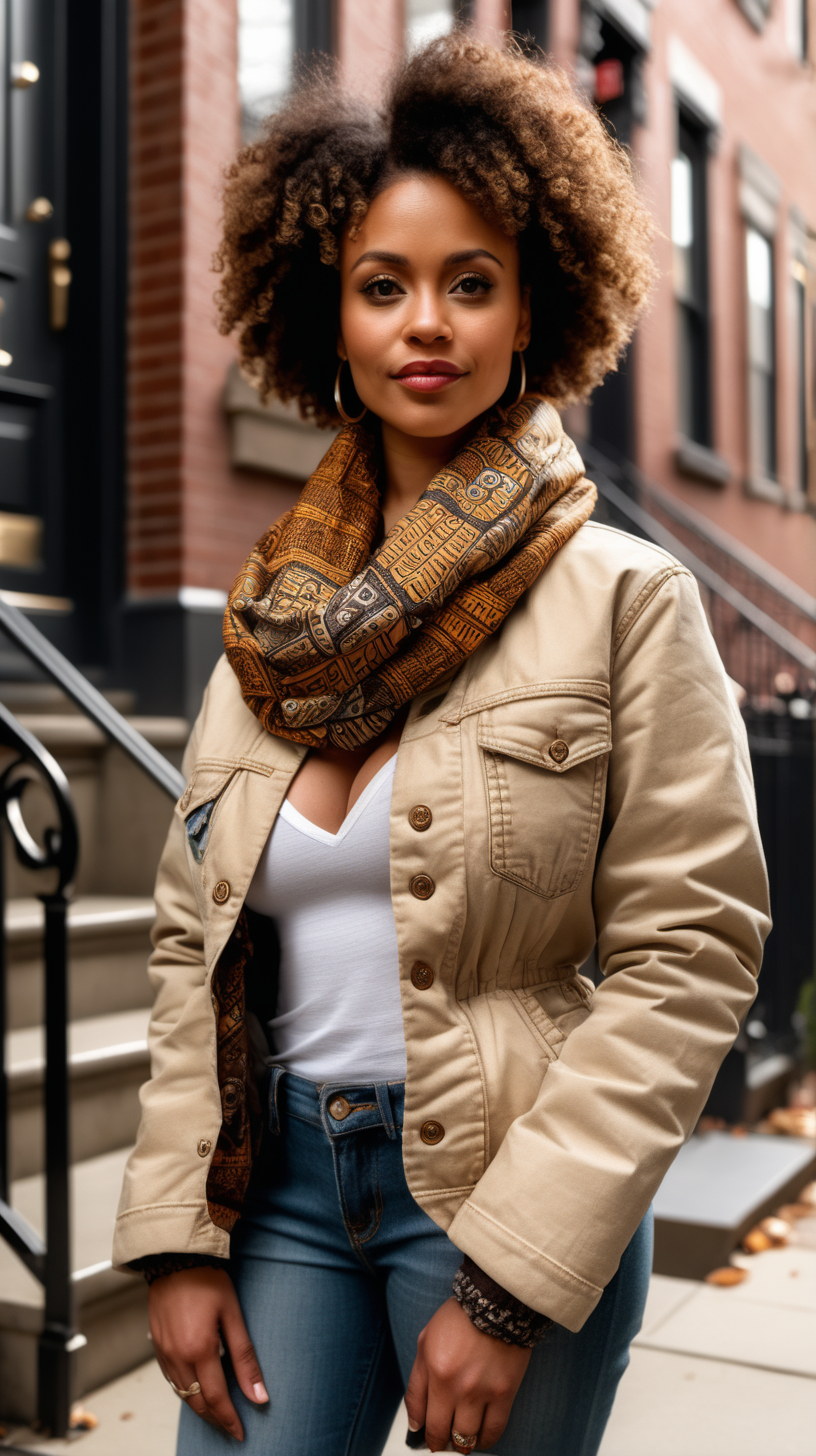 A beautiful, light skinned woman, wearing curly hair, Facing the camera, wearing an African printed scarf, wearing a Beige, Levi denim jacket reimagined into a waist length, down filled jacket, with brown fur shawl collar, African printed fabric inserted in various places, show Front, Back, and Side views, standing on the stoop of a Brownstone in Harlem NY, holding a Rottwieler puppy, ultra4k, high definition, hyper realistic