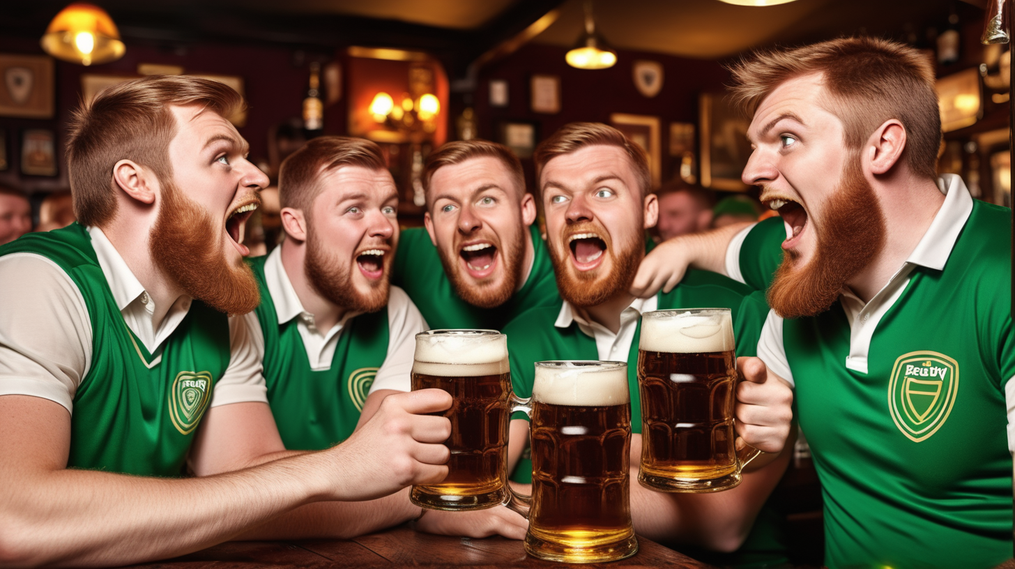 classic irish pub scene with rowdy people drinking beer watching football match



