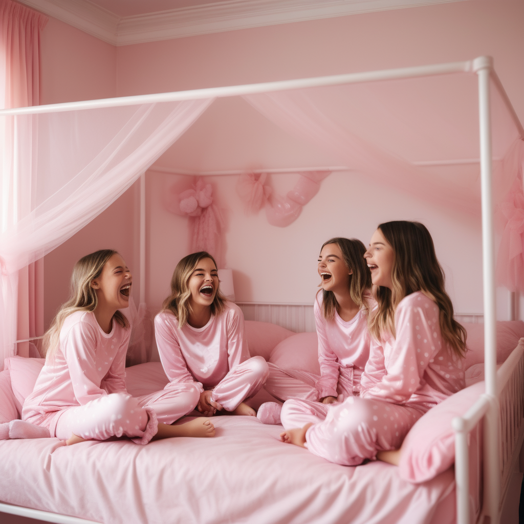 Four girls are sitting in a bedroom. Th bedroom is light pink. It has four post beds with pink tulles. Girls are wearing matching pink pajamas. They are laughing.