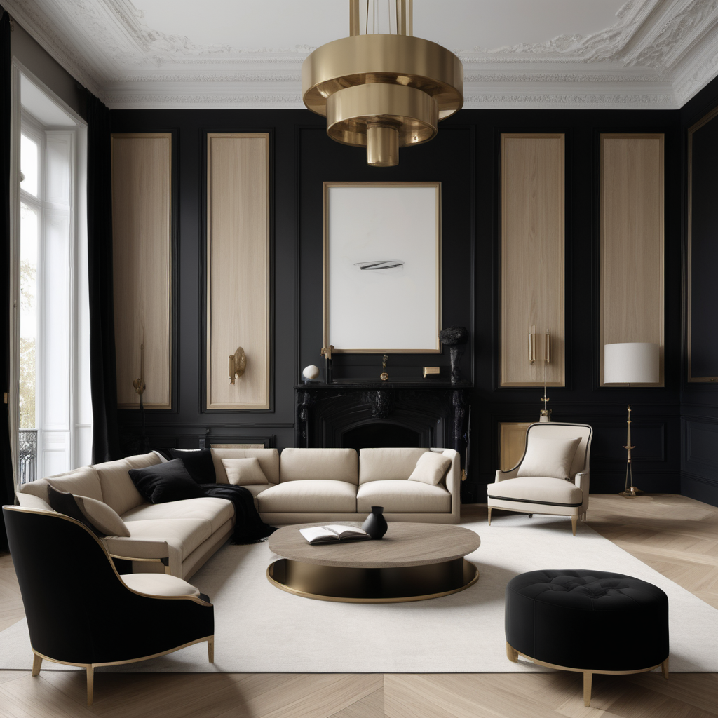 a hyperrealistic image of a grand Modern Parisian in a beige oak brass and black colour palette