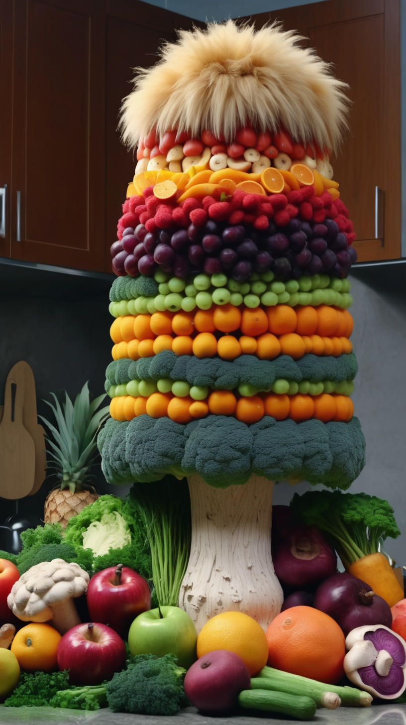 tower of colourful fruit and veg with lions mane mushroom in a kitchen 4k