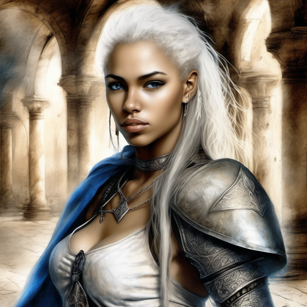 genera un retrato, estilo Luis Royo, de una guerrera medieval mulata, veinte años, pelo blanco, ojos azules, muy hermosa y sexy, de fondo un salón de palacio





