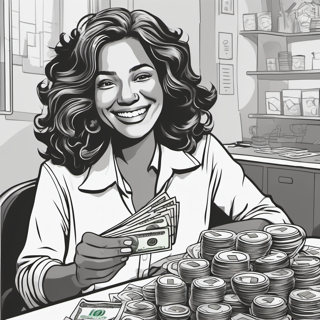 create an image without color for kids' coloring book of a woman smiling while counting money