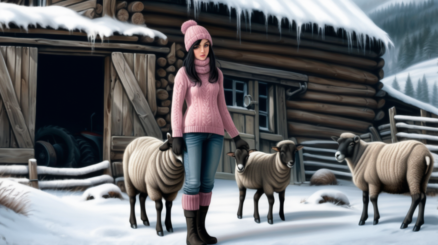 Mountain sheep farm. Hot girl with green eyes and long dark black hair working with animals. I'ts winter - many snow and mud around. Girl wearing short rubber black boots, knitted slippers and thick wrinked hand knitted brown and gray wool socks on legs. Dark and muddy spandex leggings, jeans short pants dirty from mud. On top tight wool hand knitted sweater,  felted bodice in dark green, knitted pink scarf, knitted black gloves, knitted dirty white hat on head. Near is barn. Next to it old wooden house with small frozen windows and smoking chimney. Around old tractor, and equipment.