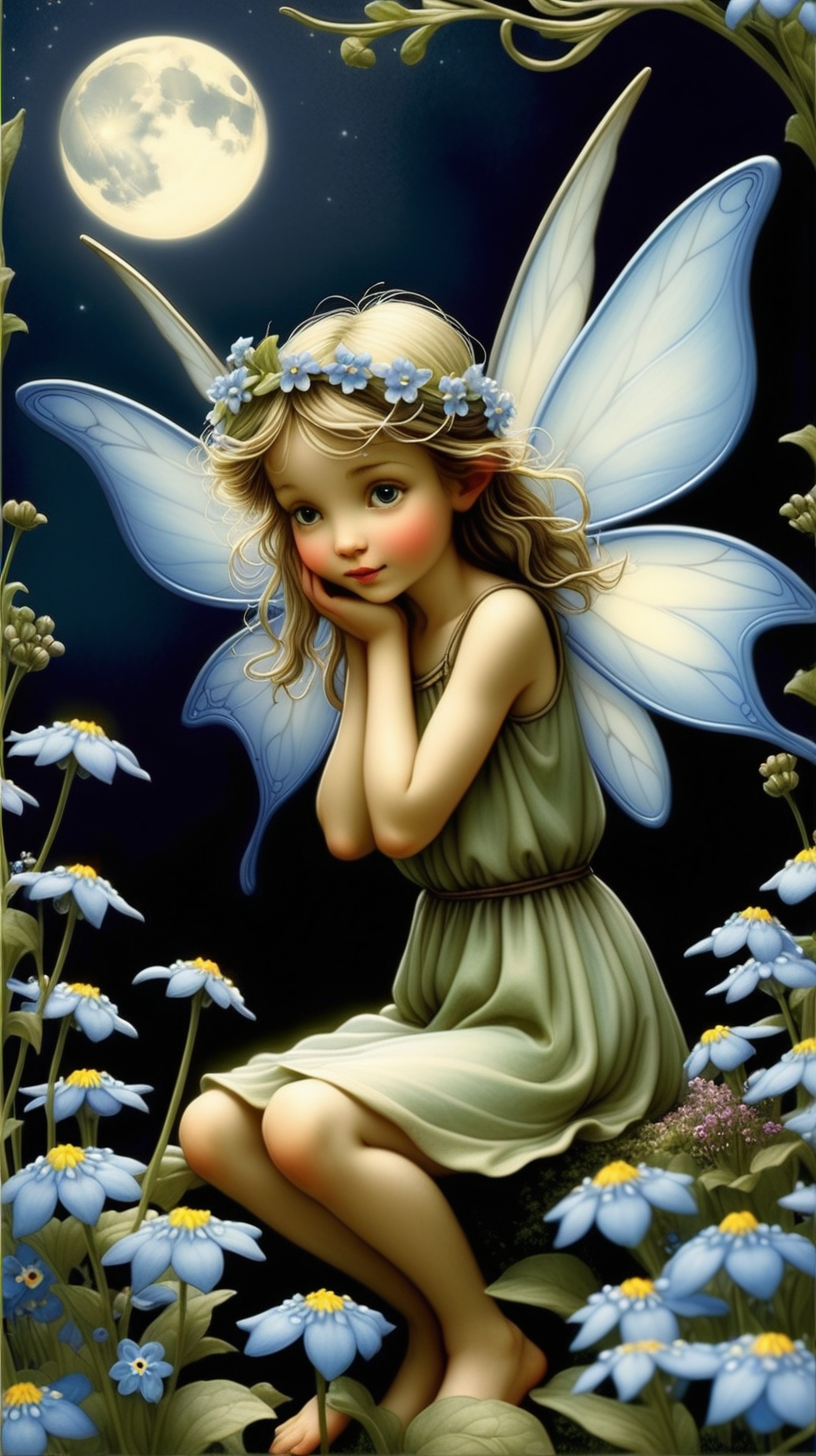 Create a fairy surrounded by forgetmenots under the