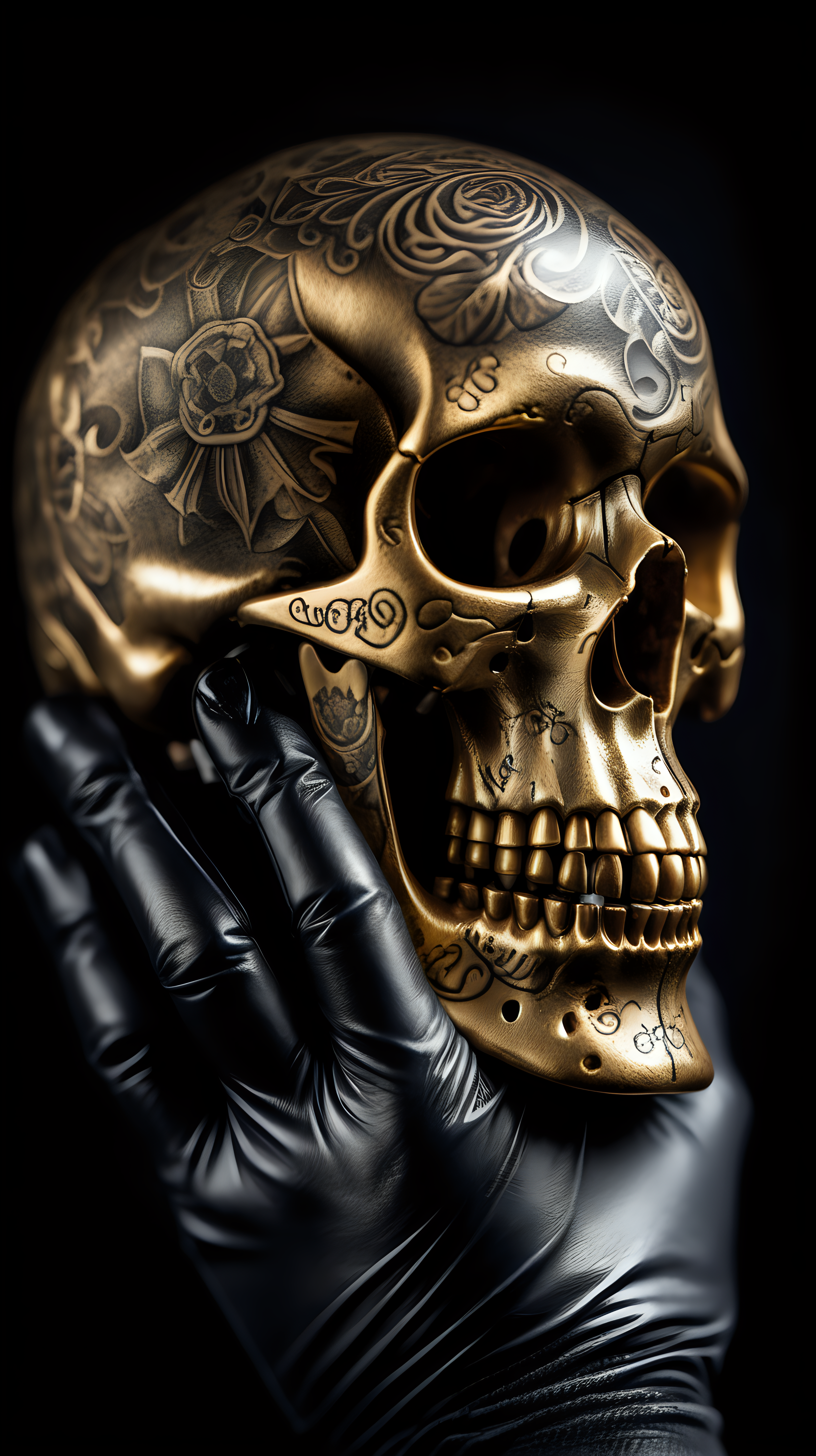 /imagine prompt : An ultra-realistic photograph captured with a canon 5d mark III camera, equipped with an macro lens at F 5.8 aperture setting, capturing a vintage tattoo machine ,The pattern of the skull is engraved on it's golden grip , placed in the hand wearing black nitrile gloves.
the hand is blurred and the focus sets on tattoogun's grip.
Soft spot light gracefully illuminates the subject and golden grip is shining. The background is absolutely black , highlighting the subject.
The image, shot in high resolution and a 16:9 aspect ratio, captures the subject’s  with stunning realism –ar 9:16 –v 5.2 –style raw
