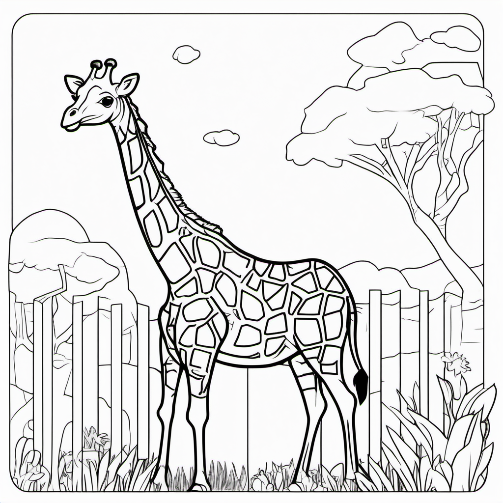 /imagine colouring page for kids, Giraffe rex in a zoo, Thick Lines, low details, no shading --ar 9:11