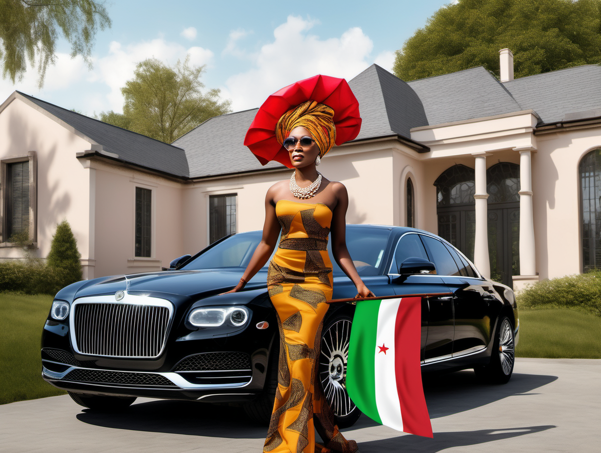 a realistic image of a black American biracial  large female wearing gele on head  going to a luxury car and a luxury home wearing african clothes and holding a burundi flag